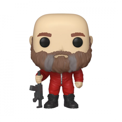Figura Funko Pop de homem careca com barba e fato vermelho segurando arma