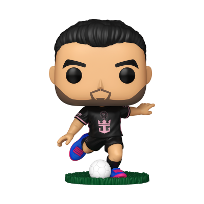 Figura colecionável Funko Pop de jogador de futebol a chutar uma bola, com camisola preta e detalhes cor-de-rosa.