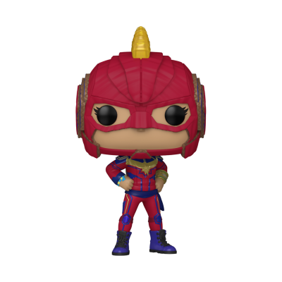 Figura Funko Pop com capacete vermelho e chifre amarelo, fato vermelho e azul com detalhes dourados