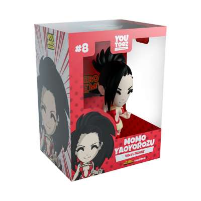 Caixa de figurina de vinil Momo Yaoyorozu com design vermelho e branco