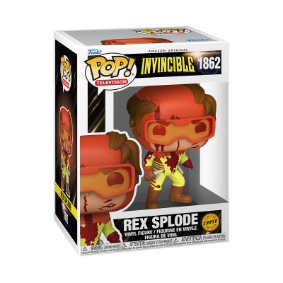 Figura Funko Pop! Rex Splode amarela e vermelha na caixa Invincible 1862