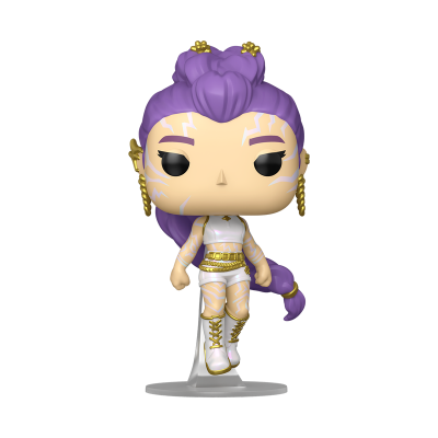 Figura Funko Pop com cabelo roxo e roupas brancas e douradas