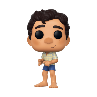 Figura colecionável estilo Funko Pop de personagem masculino com camisa azul clara xadrez e calções azuis