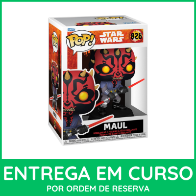Embalagem Funko Pop! Star Wars Maul com figurina de cabeça grande vermelha e preta com olhos amarelos e sabre de luz vermelho