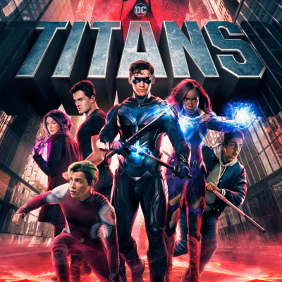 Poster da série Titans com seis personagens em pose heroica e título grande ao fundo.