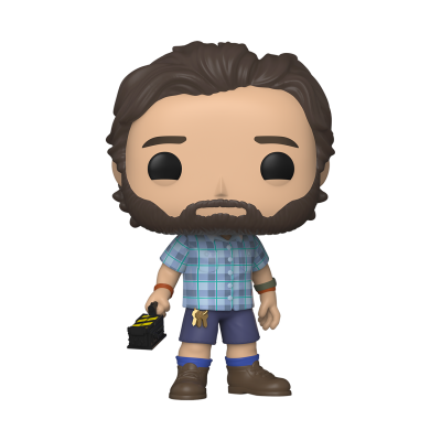 Boneco Funko Pop de homem com camisa xadrez e calções azuis