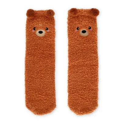 Meias castanhas compridas com padrão de urso e pompons como orelhas