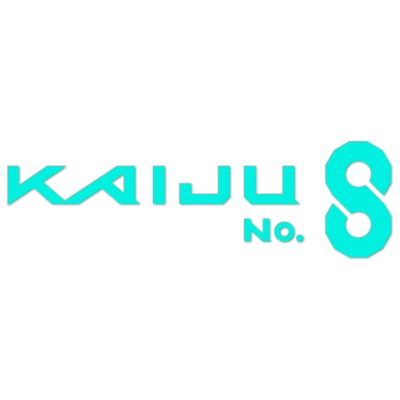 Texto gráfico azul-turquesa KAIJU NO. 8 em fundo branco