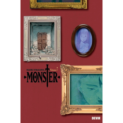 Capa de livro vermelha com três quadros e texto NAOKI URASAWA MONSTER Volume 7