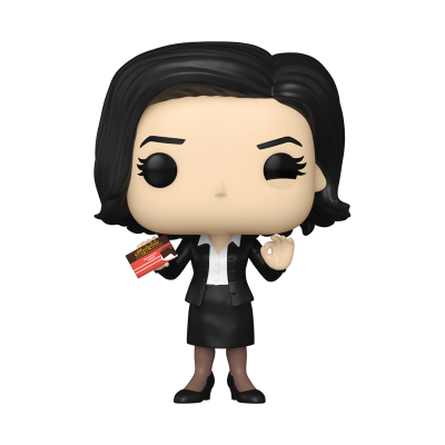 Figura Funko Pop de personagem feminina em roupa preta e branca segurando cartão vermelho e chave
