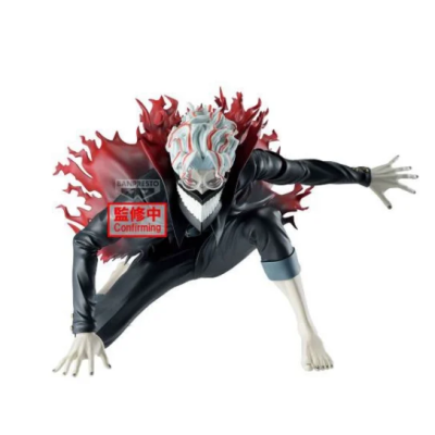 Figura de ação personagem com fato preto e chamas vermelhas atrás