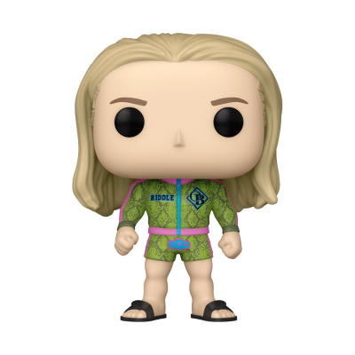 Boneco Funko Pop com fato verde e cinto rosa em fundo branco