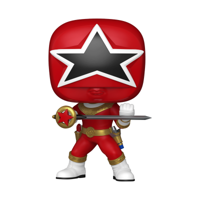 Boneco estilo Funko Pop com fato vermelho e máscara com estrela, segurando espada