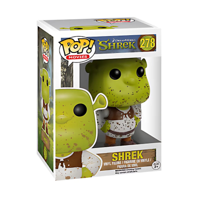 Figura Funko Pop! Shrek verde com roupa suja dentro de caixa transparente.