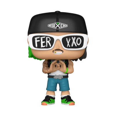 Figura Funko Pop com boné preto, óculos brancos com texto, tatuagem no braço e roupa casual colorida.