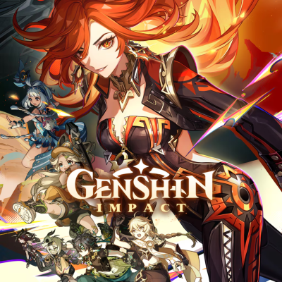Personagem de anime com cabelo vermelho flamejante e roupa preta laranja, texto Genshin Impact