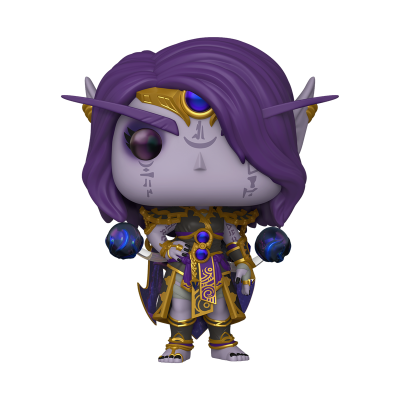 Funko Pop de personagem com cabelo roxo e roupa dourada e roxa