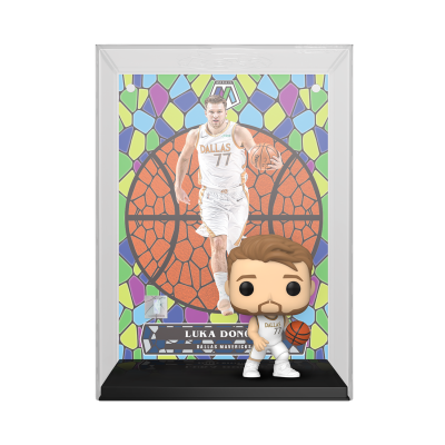 Funko Pop de Luka Dončić com expositores e fundo colorido de vitral em forma de bola de basquete