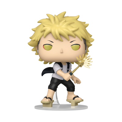Figura Funko Pop com cabelo louro e roupa preta e branca segurando leque dourado