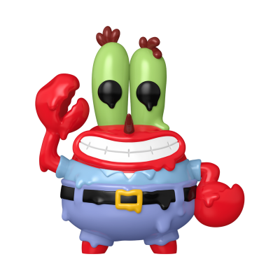 Figura do Sr. Siriguejo, personagem vermelho com olhos verdes e roupa azul.