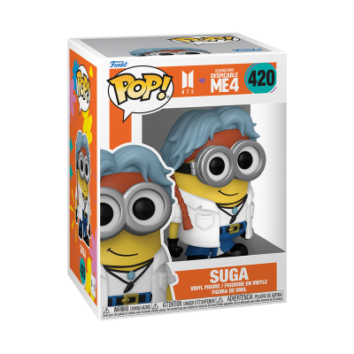 Funko Pop! vinyl SUGA dos BTS com cabelo azul e óculos grandes na caixa
