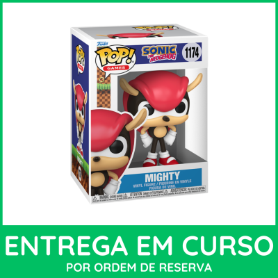 Figura vinílica Funko POP! Mighty de Sonic The Hedgehog na caixa com fundo branco e borda verde