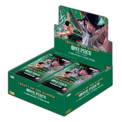 Expositor de cartas colecionáveis 'Legacy of the Master ONE PIECE' com imagem de personagens do anime