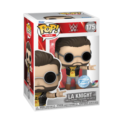 Figura Funko Pop! WWE La Knight nº 175, com óculos e colete preto em caixa