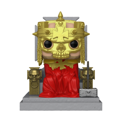 Figura Funko Pop com capacete dourado, trono cinzento, capa vermelha e cetro