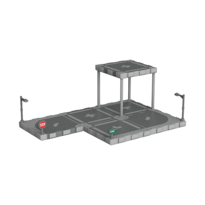 Modelo de estrada de brinquedo com placas STOP e HOSPITAL e candeeiros
