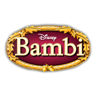 Logótipo Disney Bambi num fundo vermelho com moldura dourada decorada com folhas.