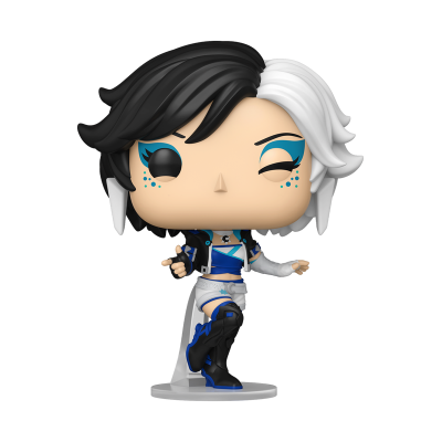 Figura de vinil estilo Funko Pop com cabelo preto e branco e roupa azul e branca