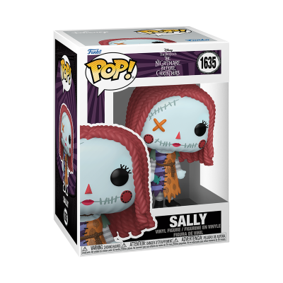 Figura Funko Pop! de vinil da personagem Sally com cabelo vermelho e rosto azul com pontos de costura, em embalagem com número 1635