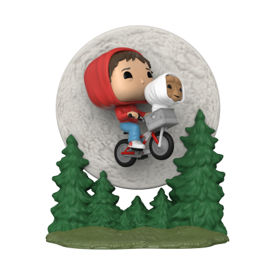 Figura Funko Pop criança de capuz vermelho numa bicicleta com uma cesta, árvores verdes e lua cheia