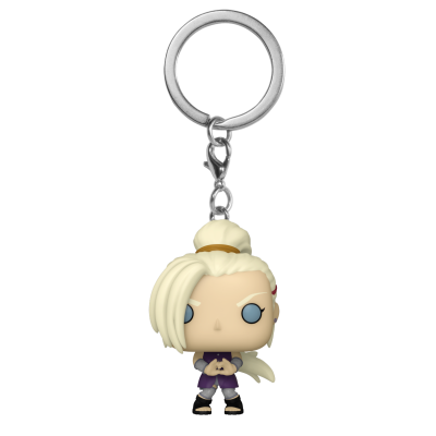 Chaveiro de personagem em PVC com cabelo loiro claro e vestido roxo