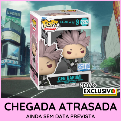 Caixa de Funko Pop Animation Gen Narumi com fundo urbano e texto sobre atraso