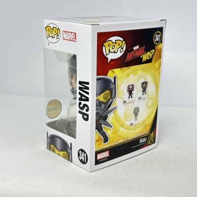Caixa branca de Funko Pop! Marvel Wasp número 341 com visor transparente