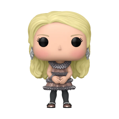 Boneca Funko Pop loira com vestido cinzento e preto