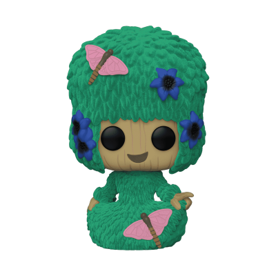 Figura POP vinil com cabelo verde, flores azuis e borboletas cor-de-rosa sentada