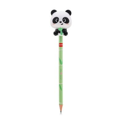 Lápis verde com cabeça de panda como borracha e etiqueta LEGAMI MILANO