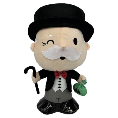 Peluches do personagem do jogo Monopoly com fato preto e chapéu de copa