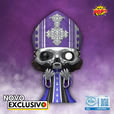Figura Funko Pop de personagem com vestes religiosas roxas e máscara prateada