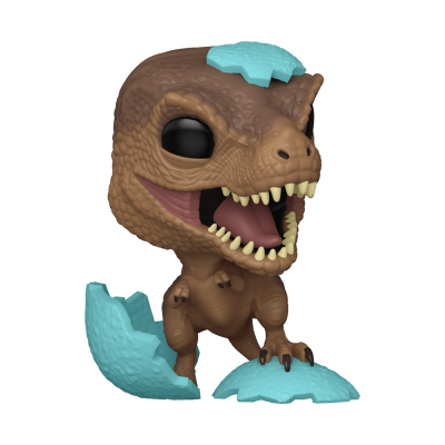 Figura colecionável Funko Pop de dinossauro castanho com olhos negros e casca de ovo azul clara