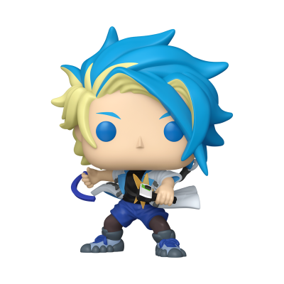 Figura de vinil Funko Pop com cabelo loiro e azul, roupa azul e dispositivo no pulso