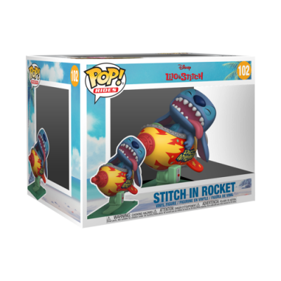 Funko Pop Stitch em foguete dentro da caixa com design de céu azul