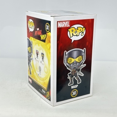 Caixa Funko Pop! Marvel Wasp número 341 com cores branca, vermelha, amarela e cinzenta