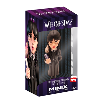 Figura colecionável de Wednesday Addams com caixa roxa e preta com texto