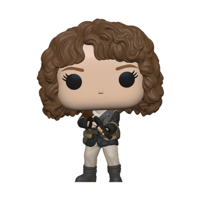 Boneco Funko Pop com cabelo castanho encaracolado e roupa cinza e bege