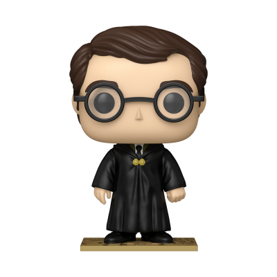 Figura Funko Pop com cabelo castanho e óculos redondos