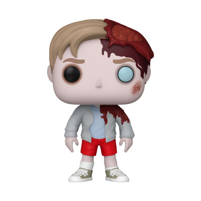 Figura colecionável Funko Pop de menino com cabelo castanho claro e detalhes de sangue na cabeça
